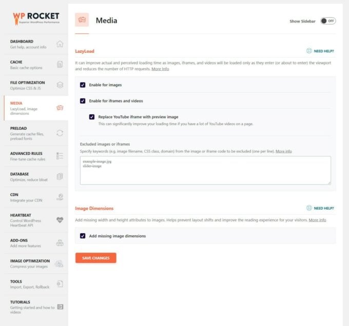 WP Rocket media optimization options