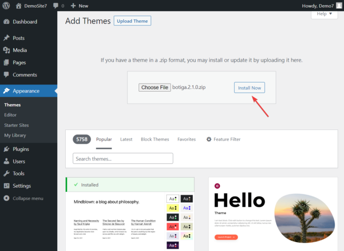Add Themes screen with the Upload theme option